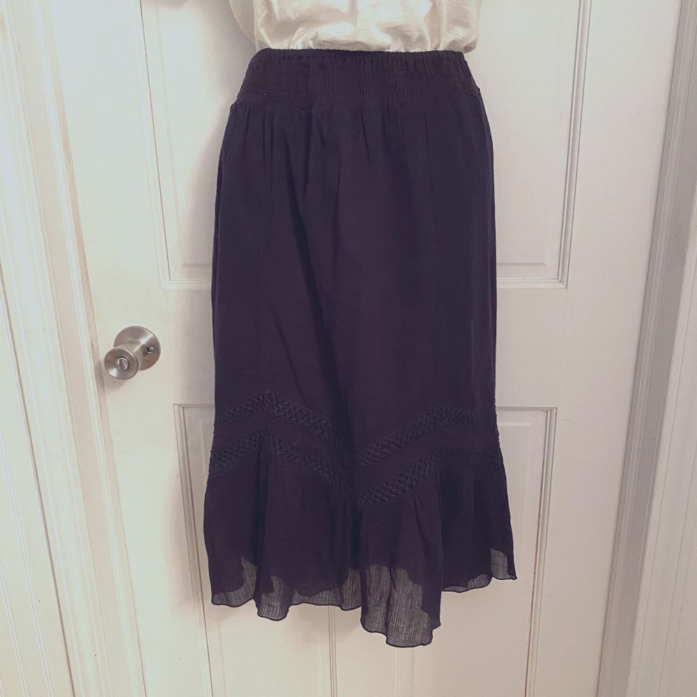 Apollo Black Cotton Crinkly Gauze Skirt Embellished with Black Trim Size Large